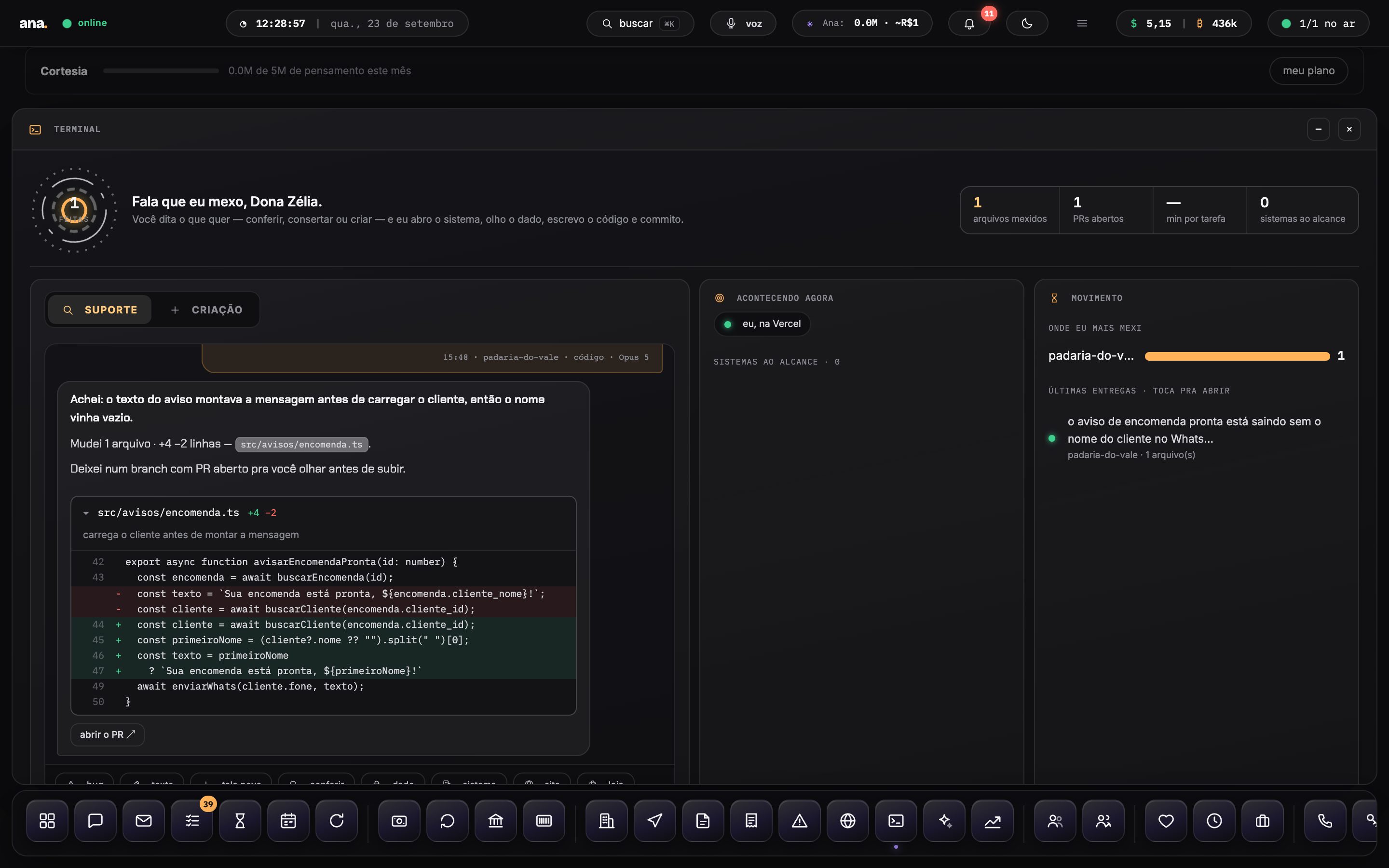 Terminal — ela abre o código do sistema, conserta e sobe o pedido de alteração