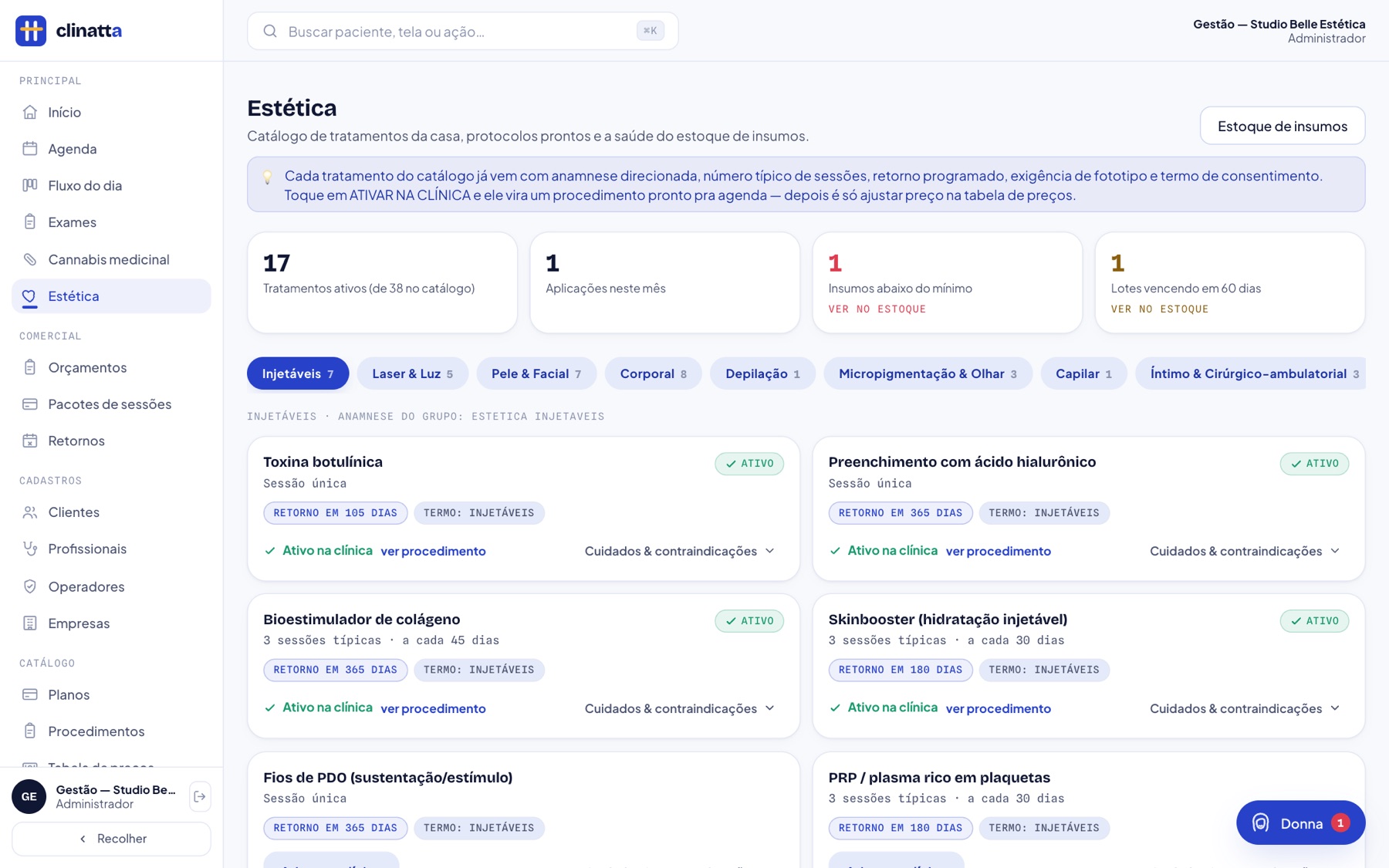 Estética — catálogo de tratamentos prontos pra ativar
