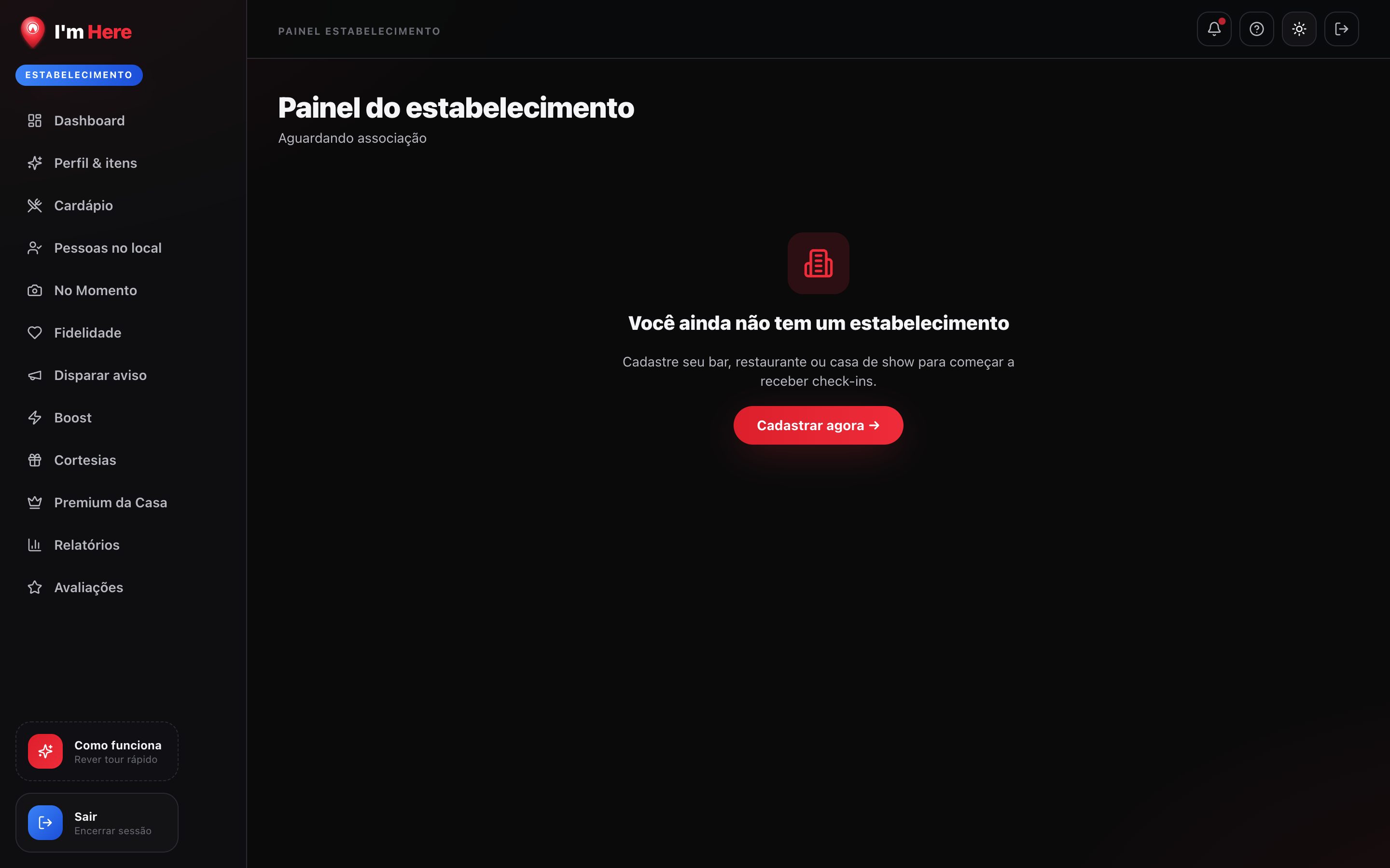 Painel do estabelecimento