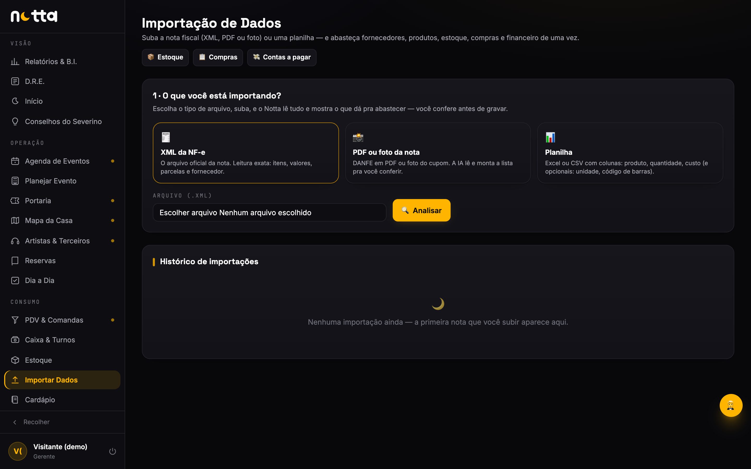 Importação de dados — a nota fiscal abastece o sistema sozinha