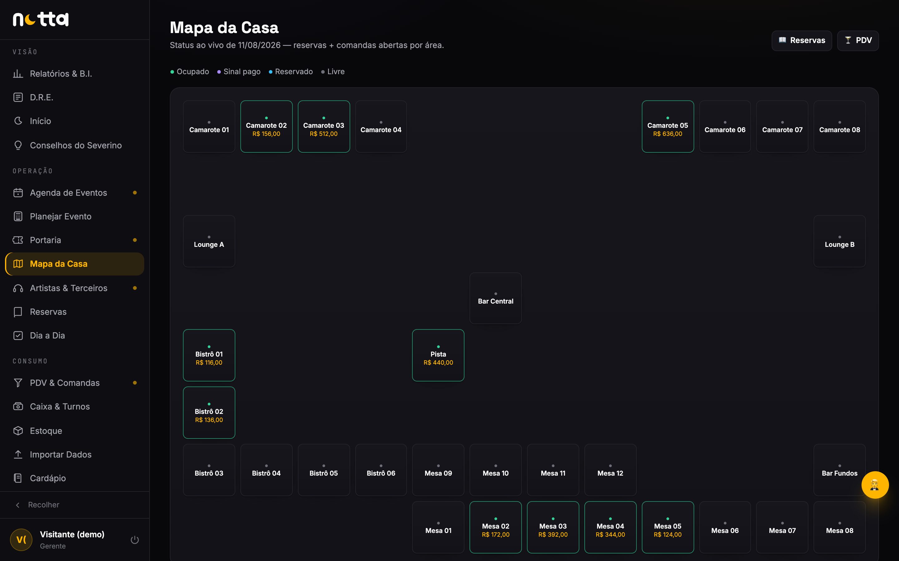 Mapa da casa — pista, bistrôs e VIP