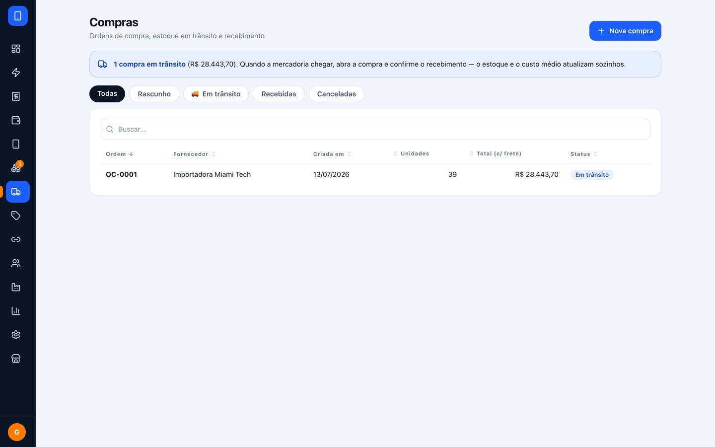 Compras com mercadoria em trânsito