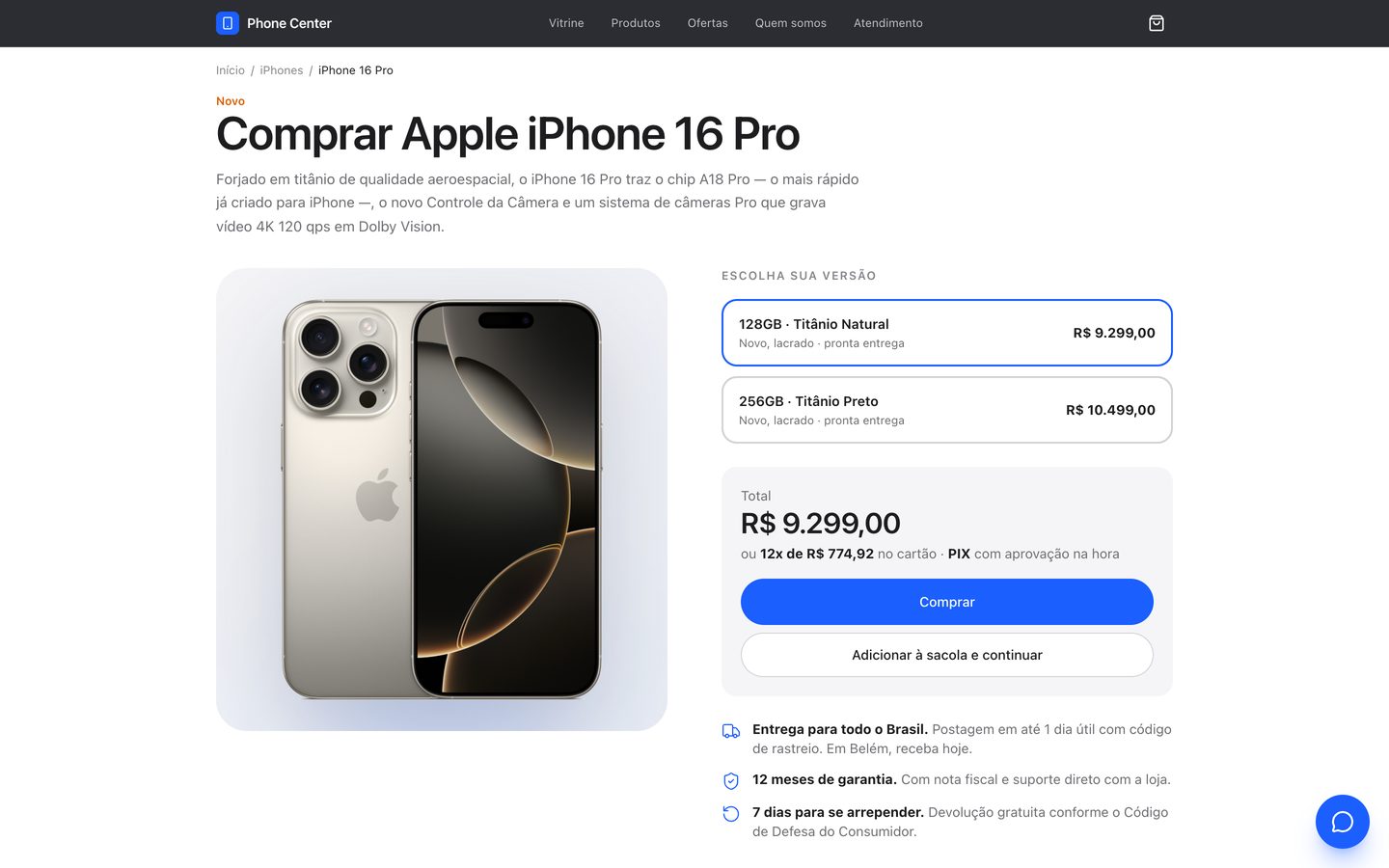 Página de produto da loja