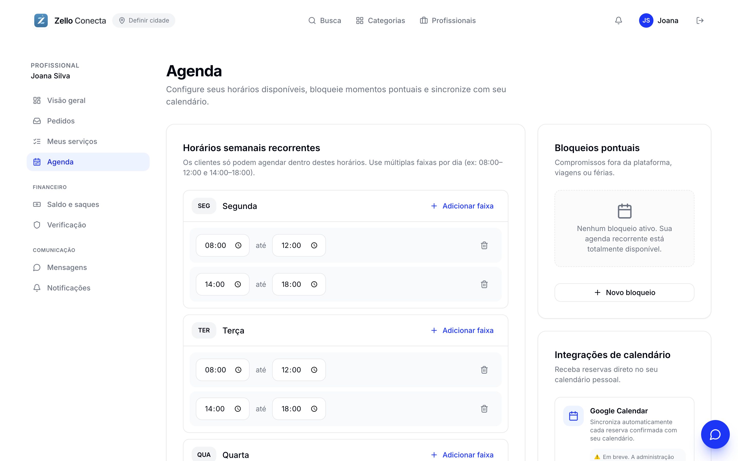 Agenda semanal com bloqueios