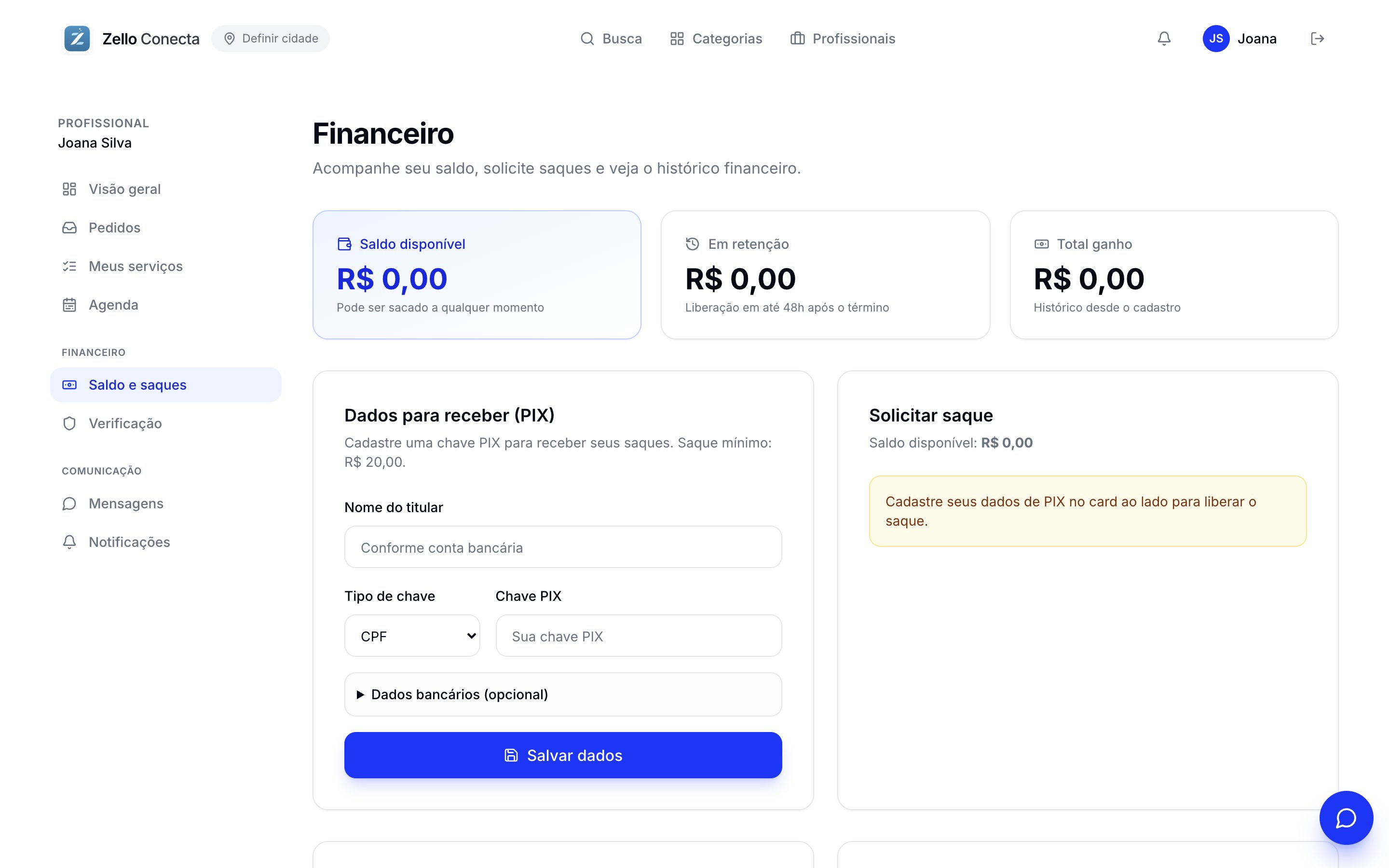 Financeiro — saldo, escrow e saques